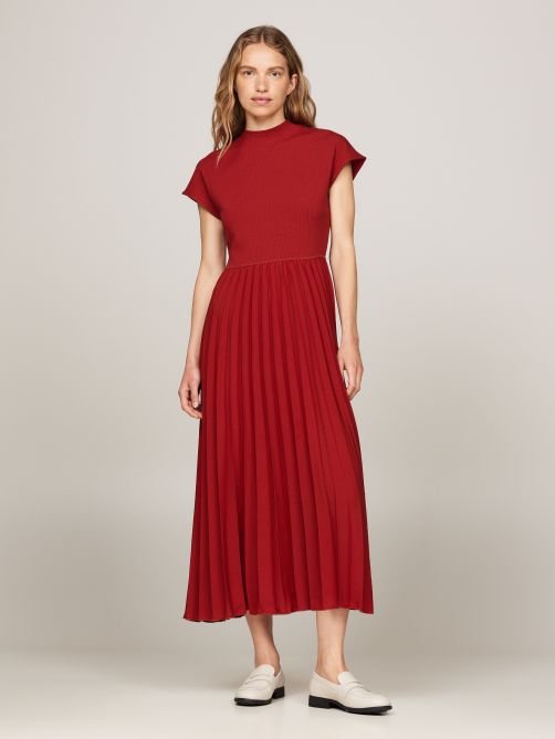 Mock Turtleneck Pleated Midi Dress