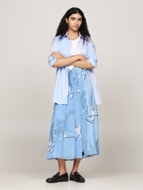 Crest Print Pleated Wrap Midi Skirt