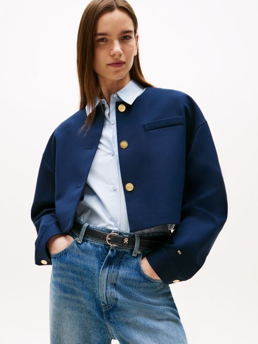 Gold-Tone Button Collarless Cropped Blazer