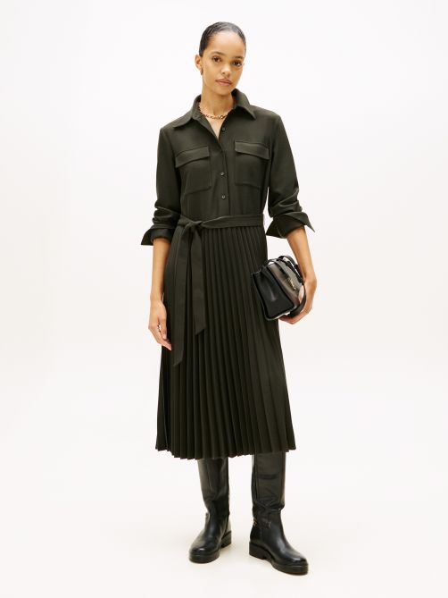 Pleated Relaxed Midi Shirt Dress-en-ae
