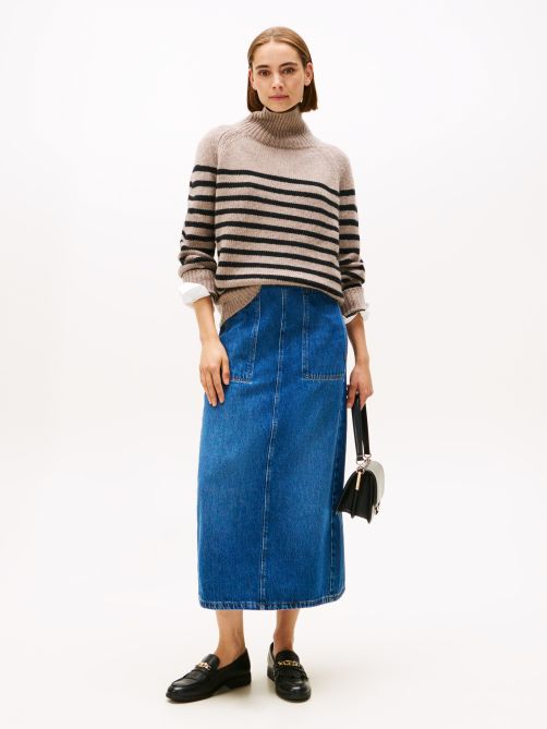 Denim High Rise Straight Midi Skirt