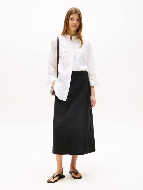 Linen Blend Wrap Straight Midi Skirt