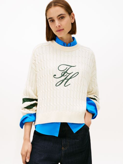 Logo Embroidery Relaxed Cable Knit Jumper