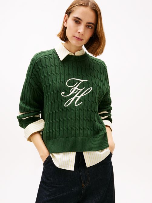 Logo Embroidery Relaxed Cable Knit Jumper