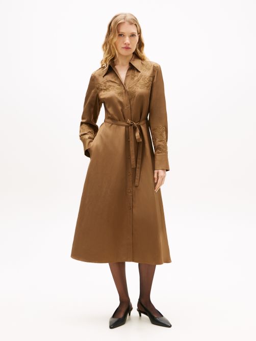 Floral Embroidery Midi Shirt Dress with Linen