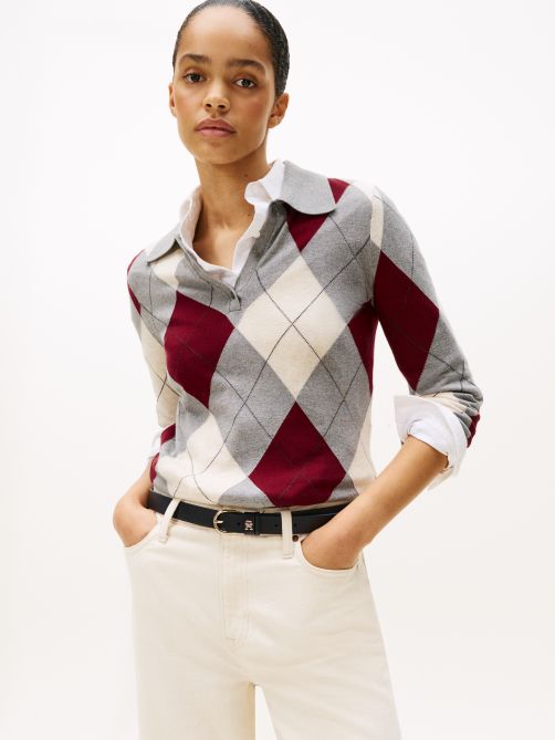 Argyle Polo Collar Slim Longline Jumper