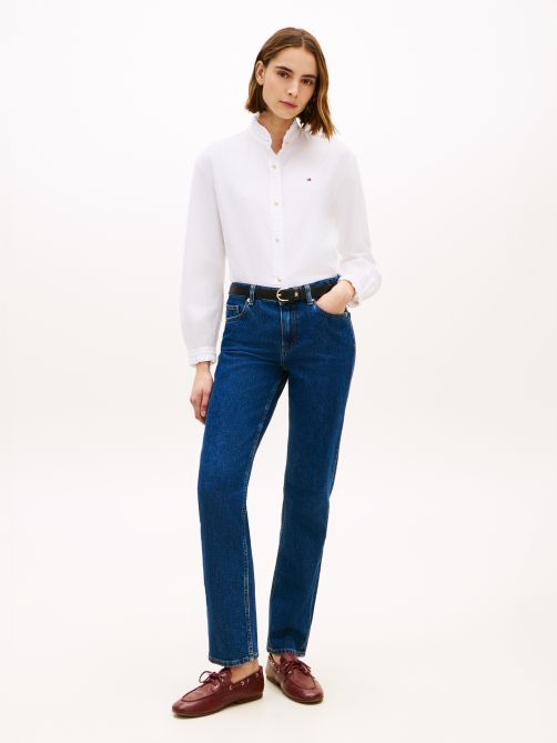 Five-Pocket Mid Rise Straight Leg Jeans