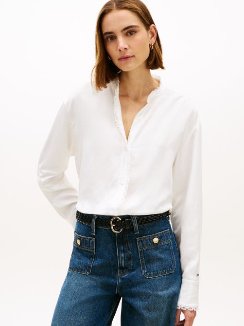Oversized Fit Lace Trim Shirt with Linen