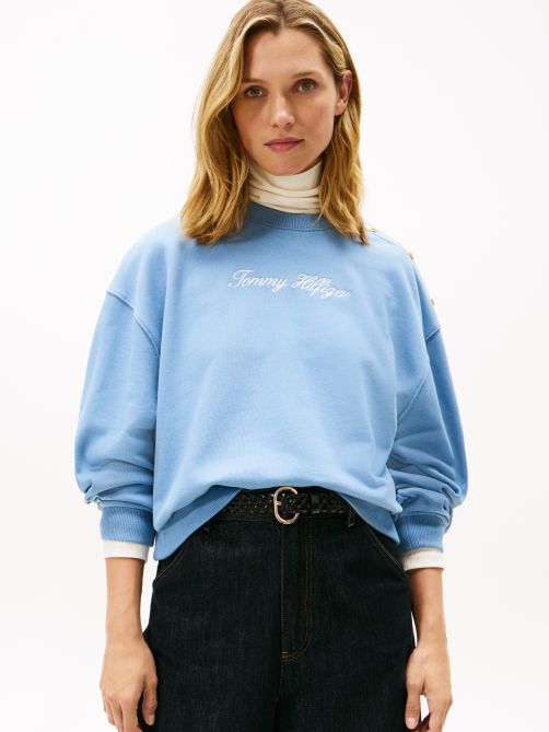 Gold Button Script Terry Pullover Sweatshirt
