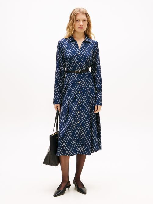 Viscose Twill Long Sleeve Midi Flare Dress