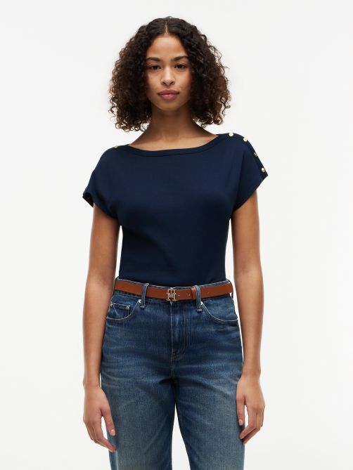 Gold-Tone Button Boat Neck T-Shirt