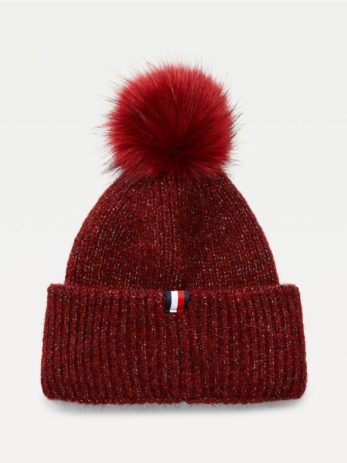 Pom Pom Metallic Rib-Knit Beanie
