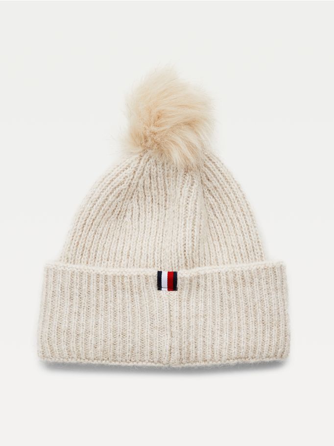 Pom Pom Metallic Rib-Knit Beanie