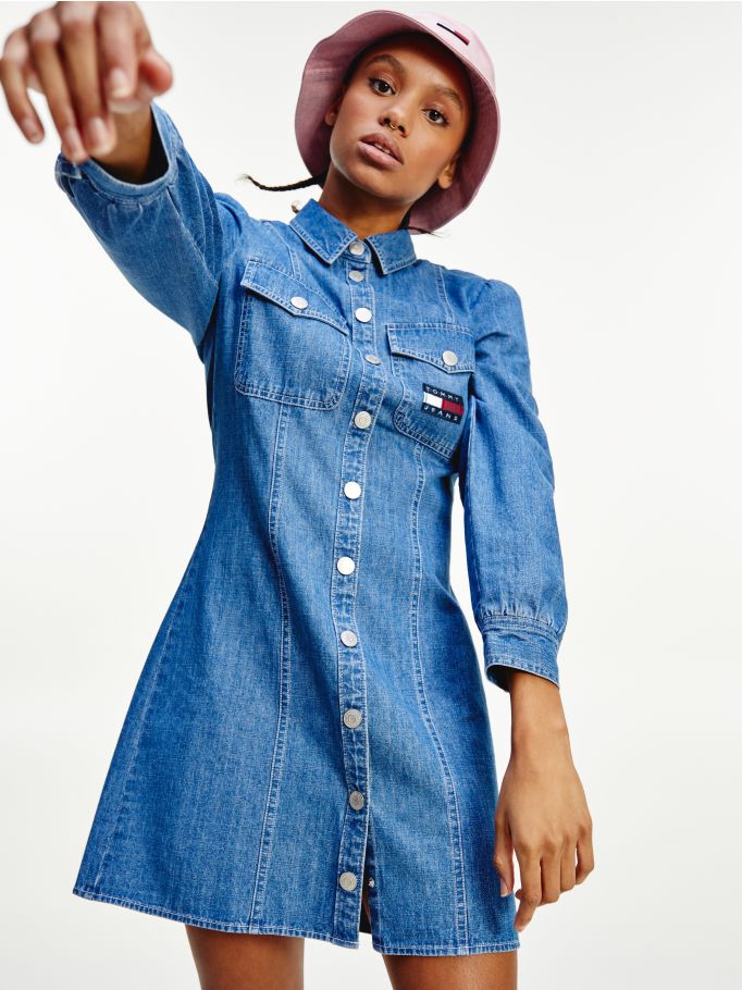 tommy badge gathered denim shirt dress