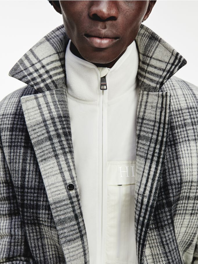 Men's Wool Mix Check pattern Hooded Coat Jacket 