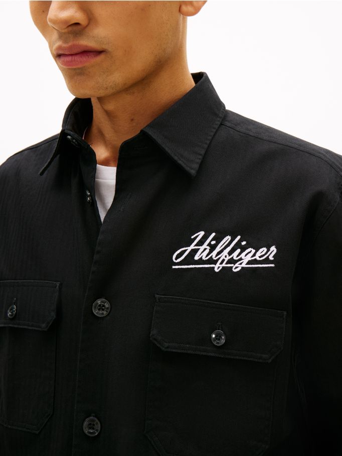 Back Logo Herringbone Relaxed Fit Overshirt - Black | Tommy Hilfiger