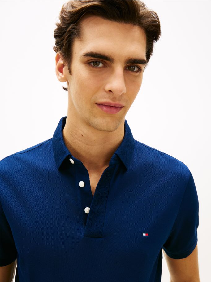 Pique Jacquard Collar Polo Shirt - Navy | Tommy Hilfiger