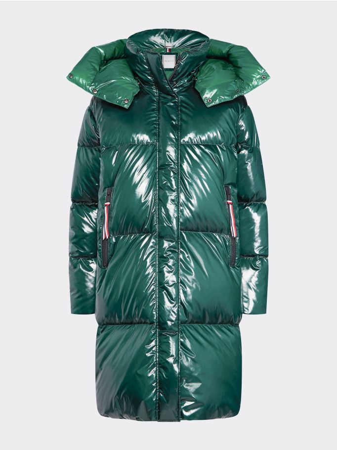 green shiny puffer coat