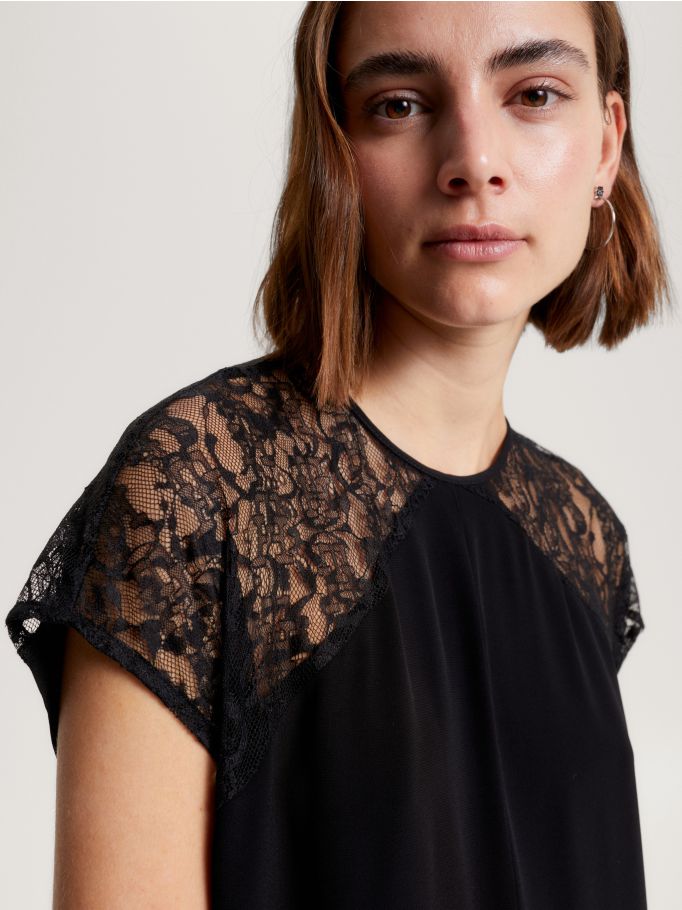 Lace top fit and flare dress shop