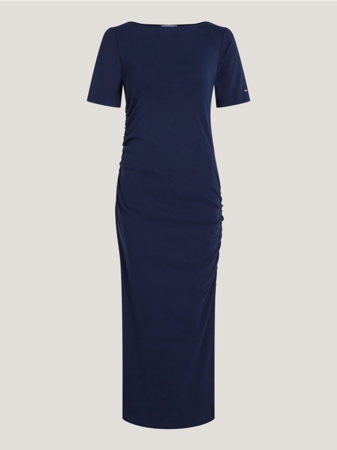 Embroidered midi dress with ruched sleeves clearance