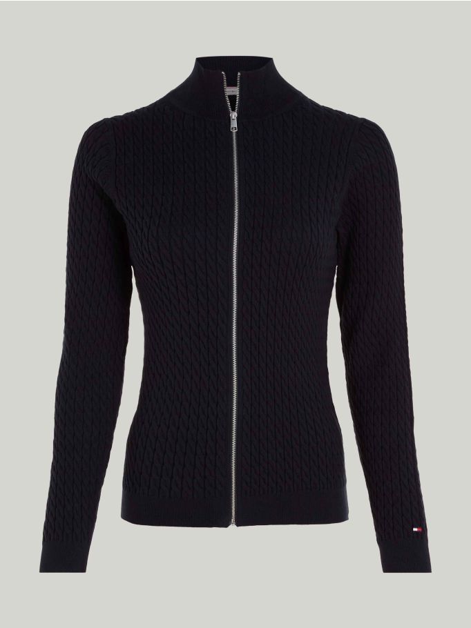 Cable Knit Zip Thru Slim Fit Cardigan