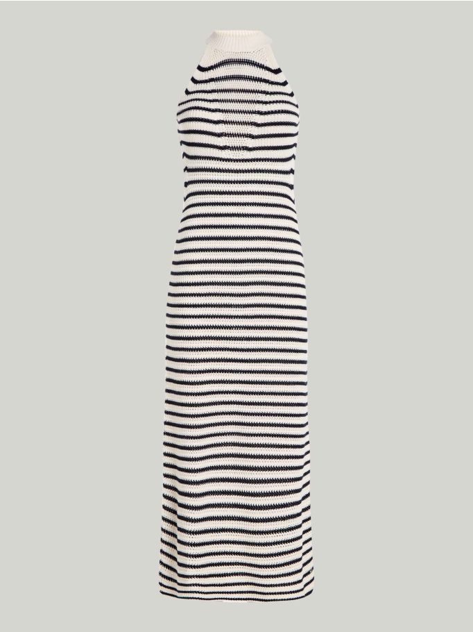 Crochet Stripe Halterneck Midi Sweater Dress