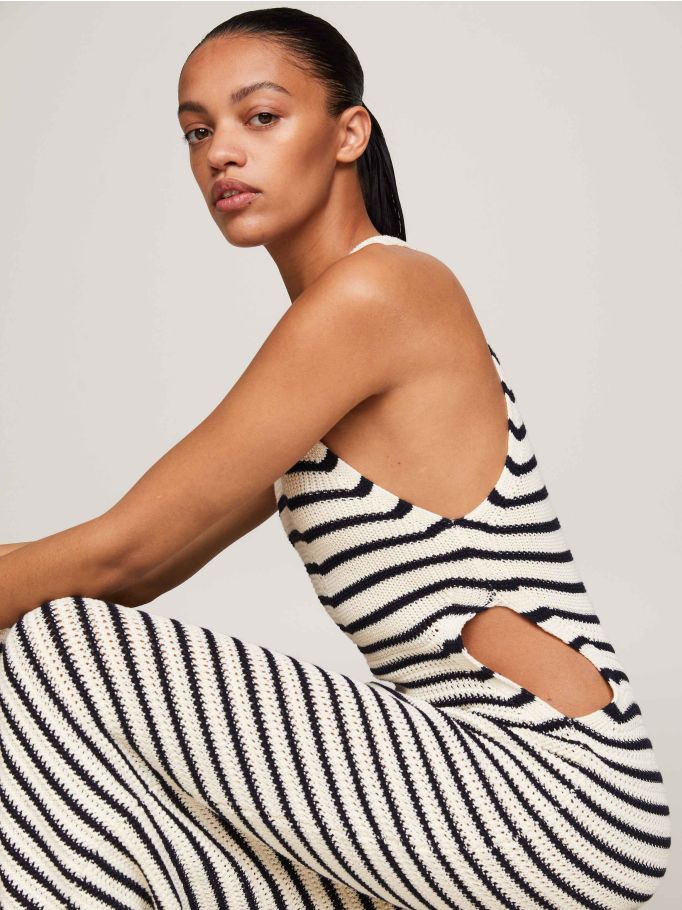 Crochet Stripe Halterneck Midi Sweater Dress