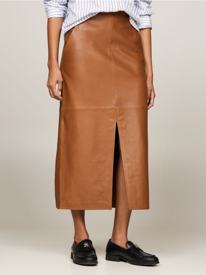 Napa Leather Straight Midi Skirt