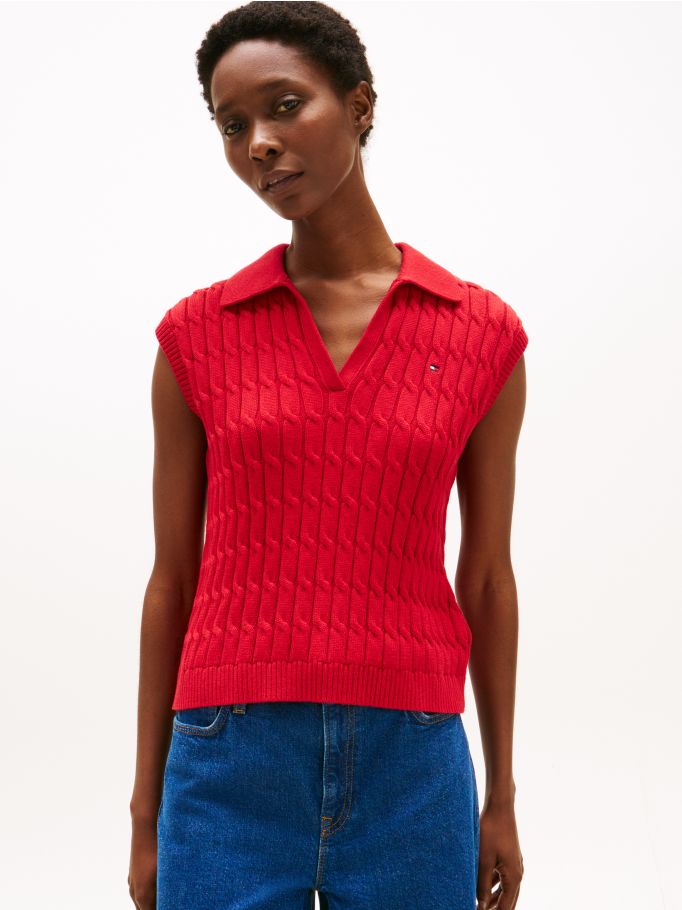 Cable Knit Sleeveless Polo Jumper