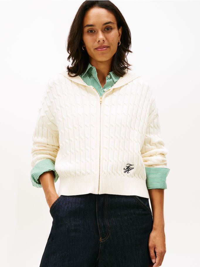 Cable Knit Zip-Thru Hoody - Beige | Tommy Hilfiger