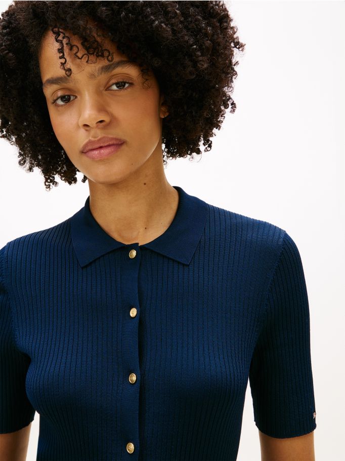 Ribbed Slim Short Sleeve Polo Cardigan - Navy | Tommy Hilfiger
