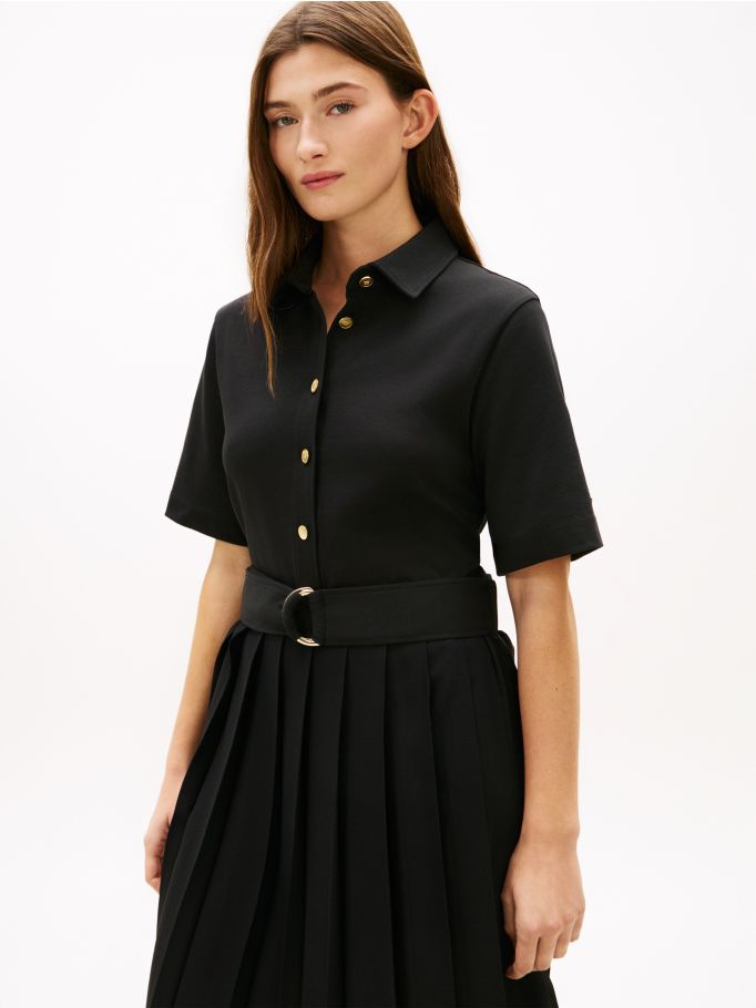 Gold-Tone Button Midi Shirt Dress