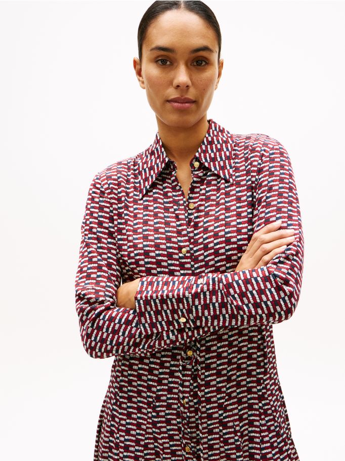 Viscose Twill Midi Long Sleeve Flare Dress | Tommy Hilfiger