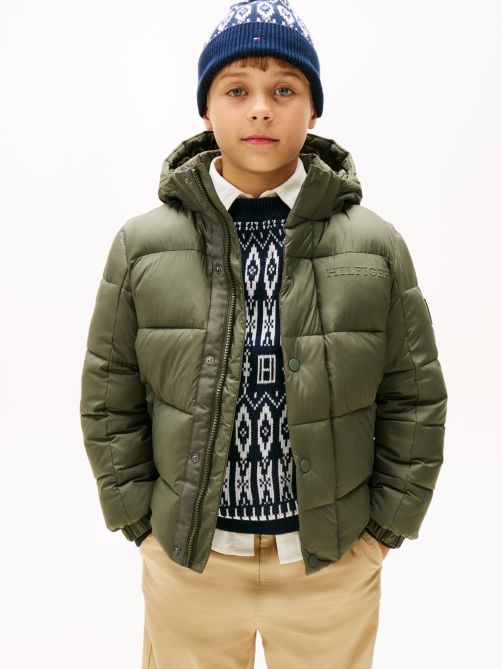 Mixed Texture Hooded Puffer Jacket