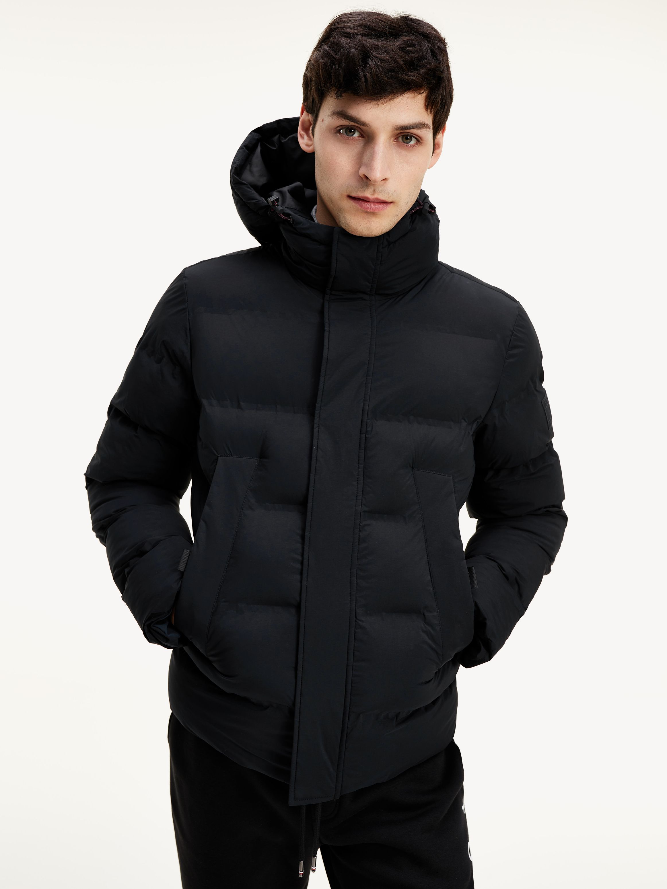 Tommy hilfiger hooded stretch puffer jacket in black Clearance