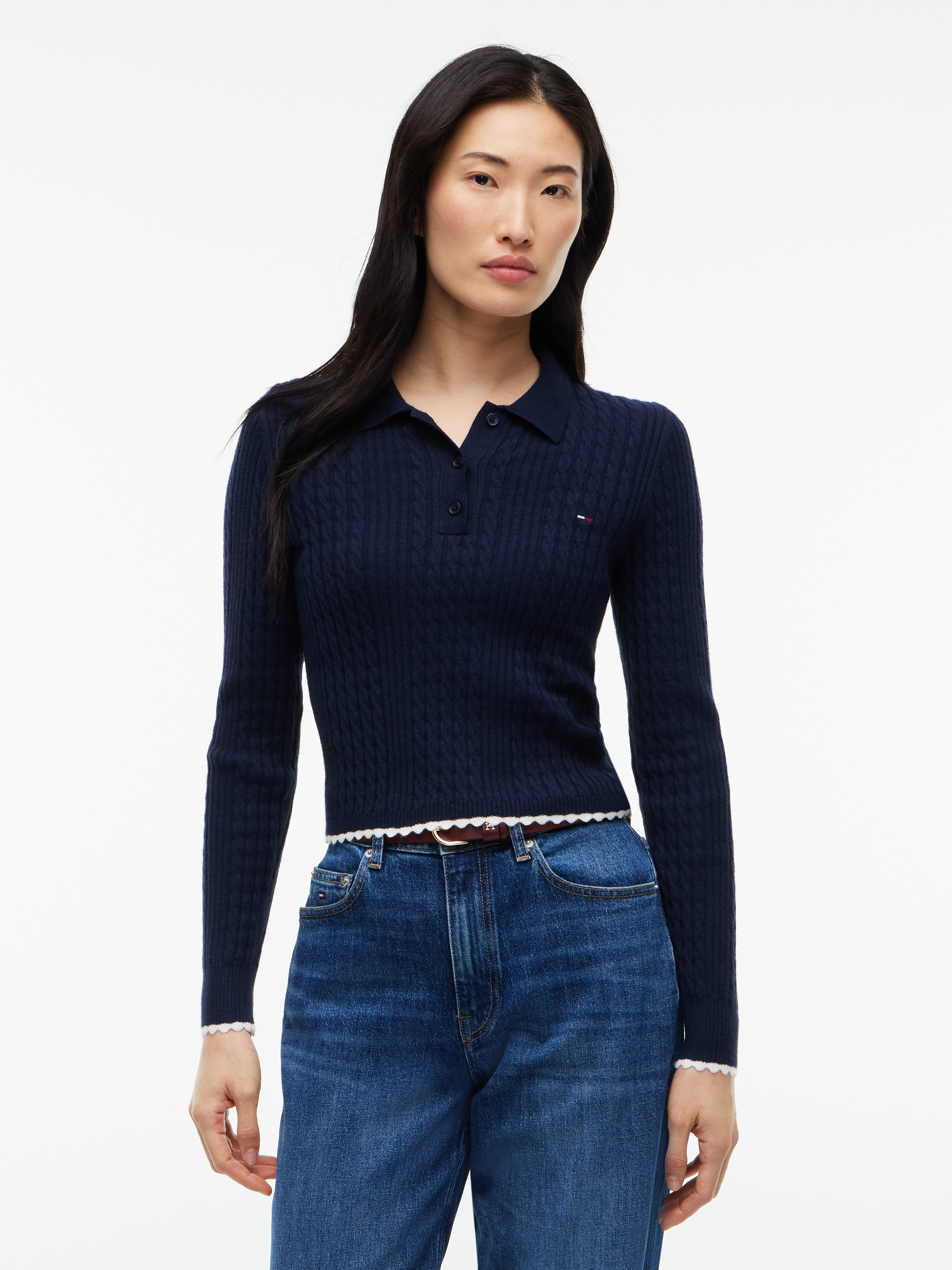 Micro Cable Knit Slim Polo Jumper — Navy
