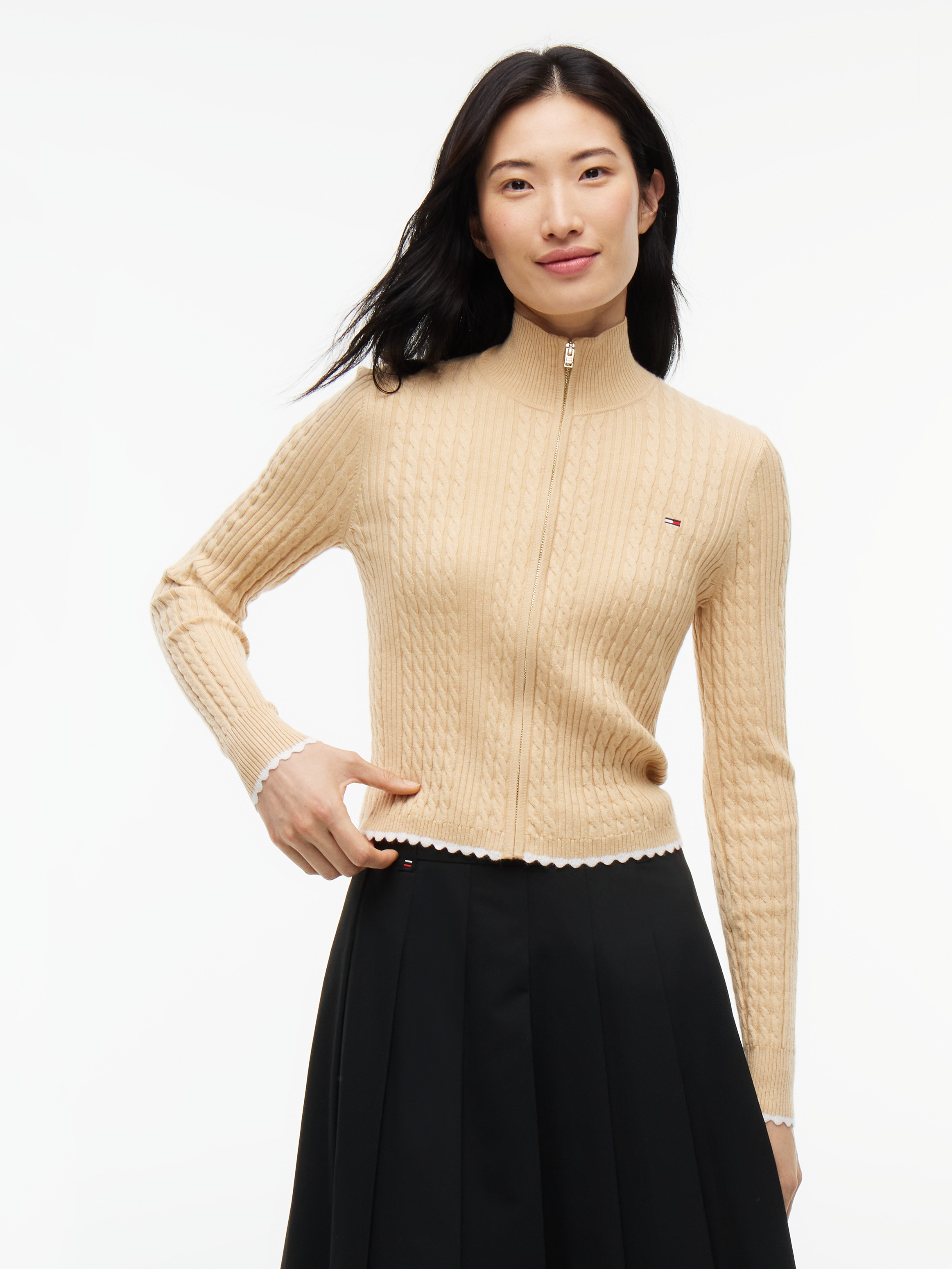 Micro Cable Knit Slim Zip-Thru Jumper — Beige