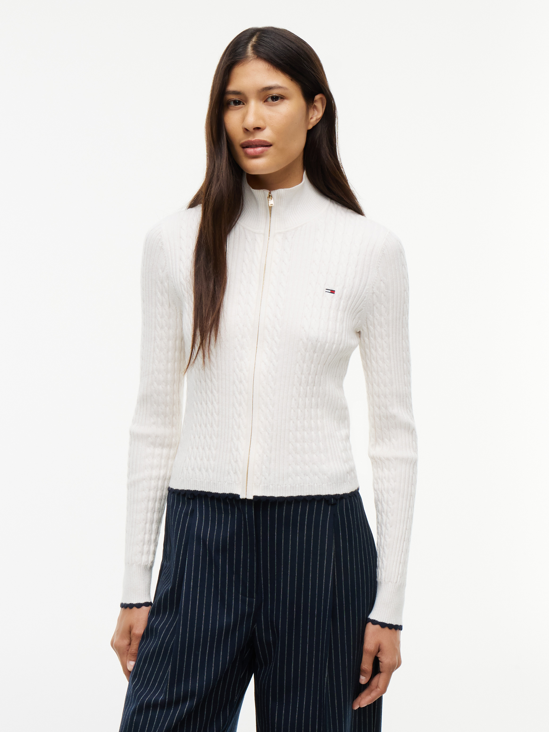 Micro Cable Knit Slim Zip-Thru Jumper — OFF WHITE