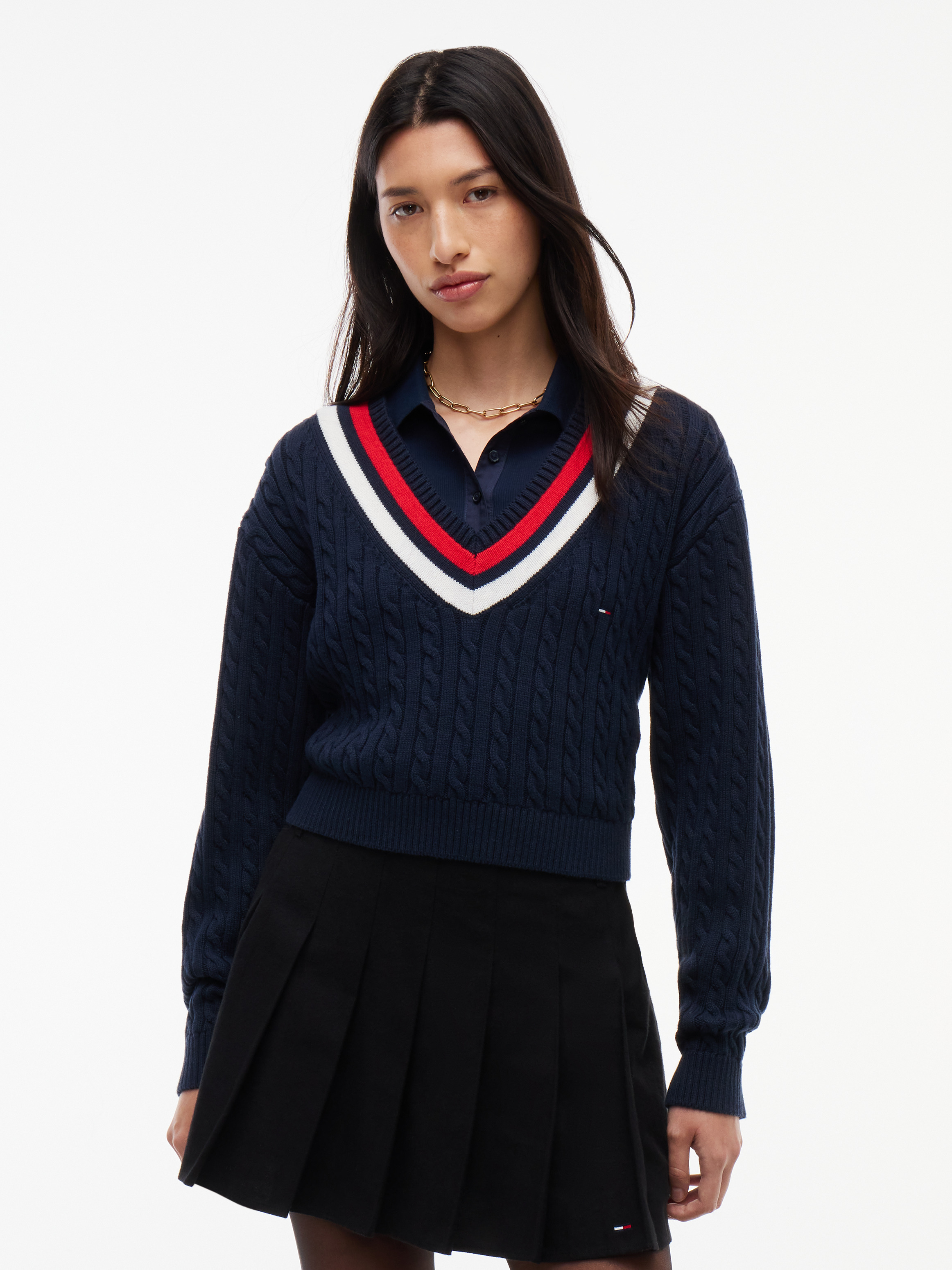 Cable Knit Oversized V-Neck Jumper — Dark Blue