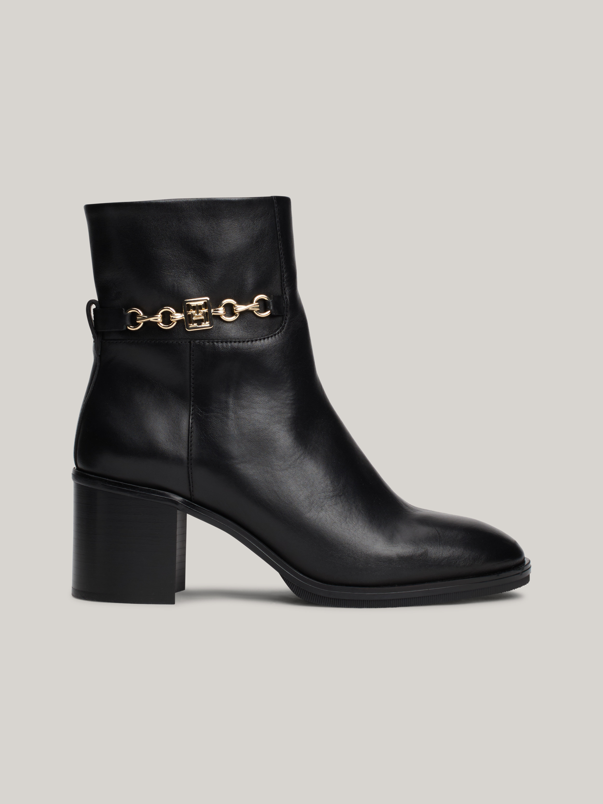 Leather Chain Hardware Block Heel Boots