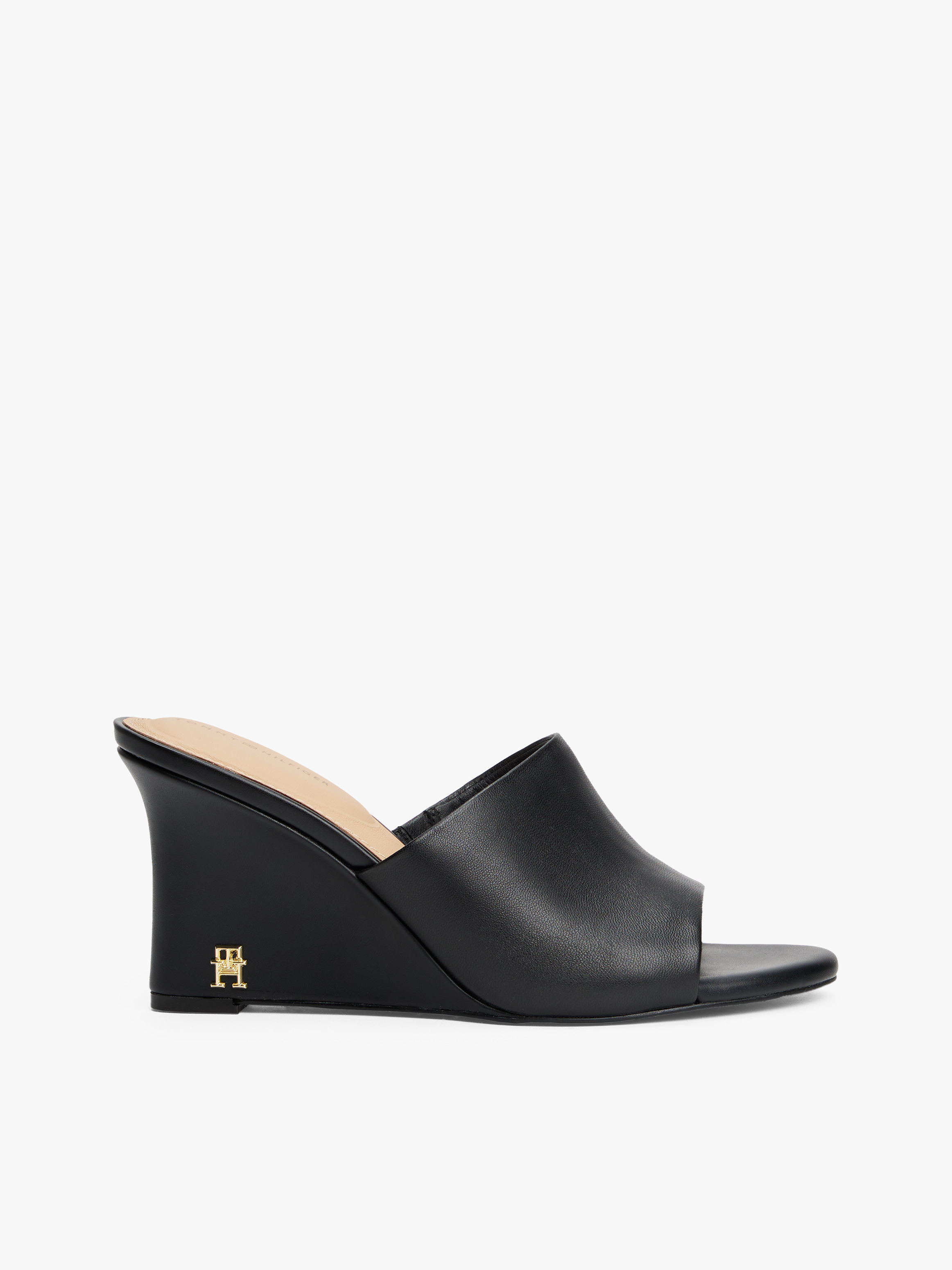 Leather TH Monogram Plaque Wedge Mules
