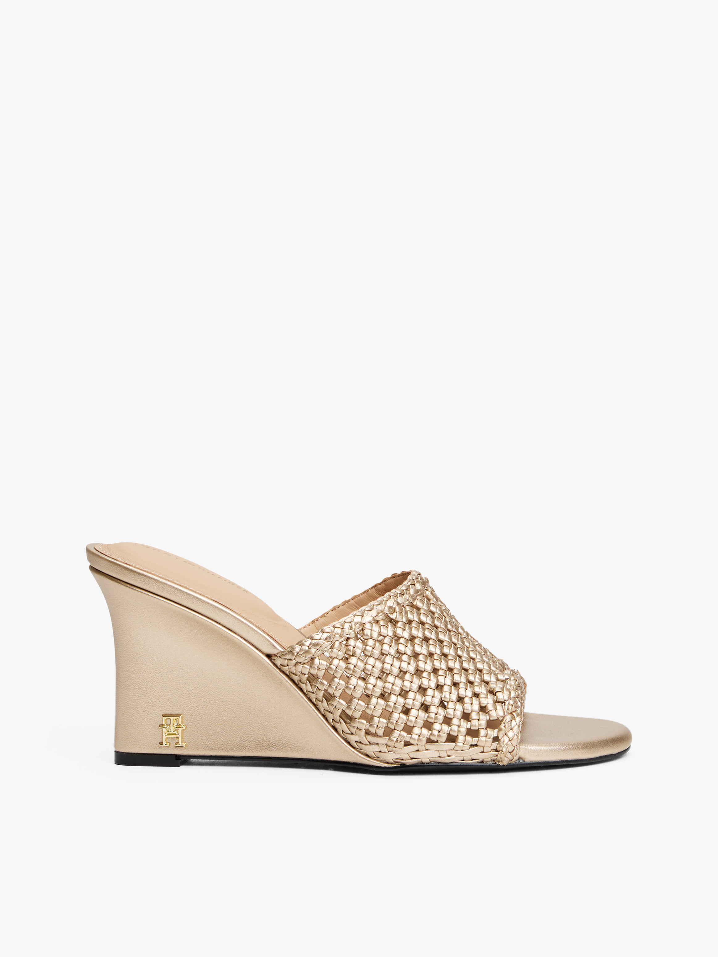Metallic Leather Crochet Wedge Mules