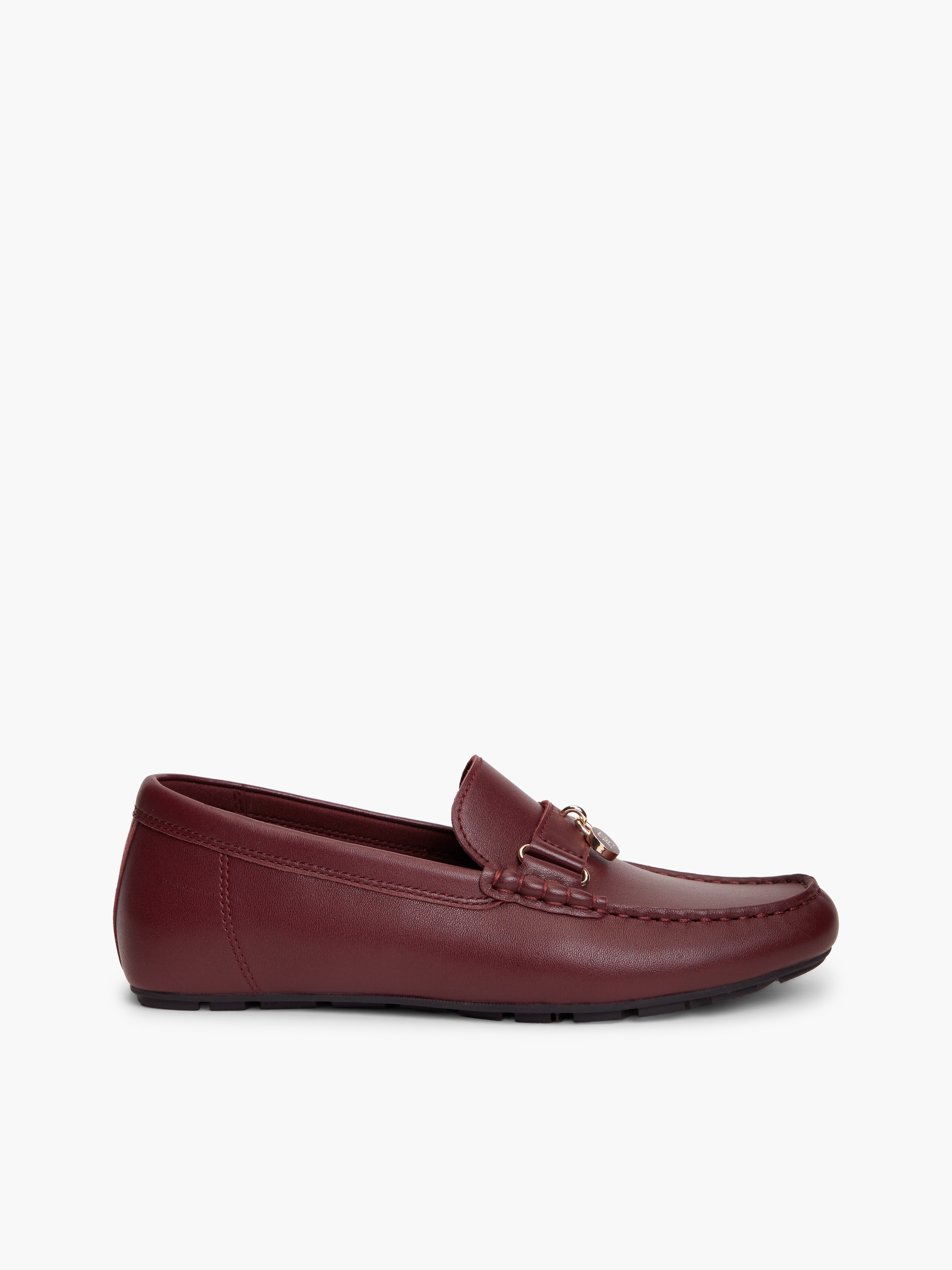 TH Monogram Padlock Charm Leather Moccasins — Maroon