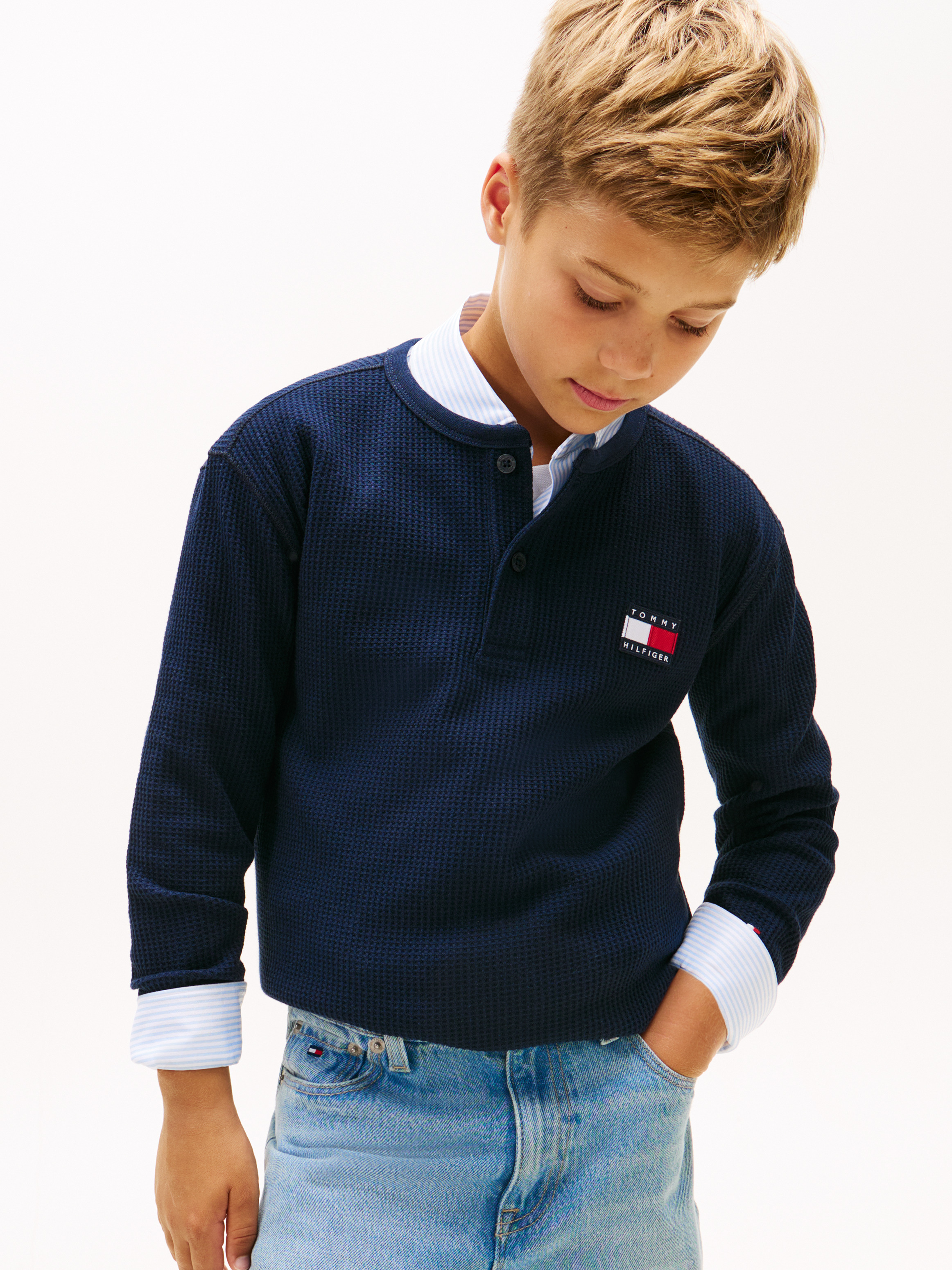 Waffle Knit Henley Long Sleeve T-Shirt — Blue