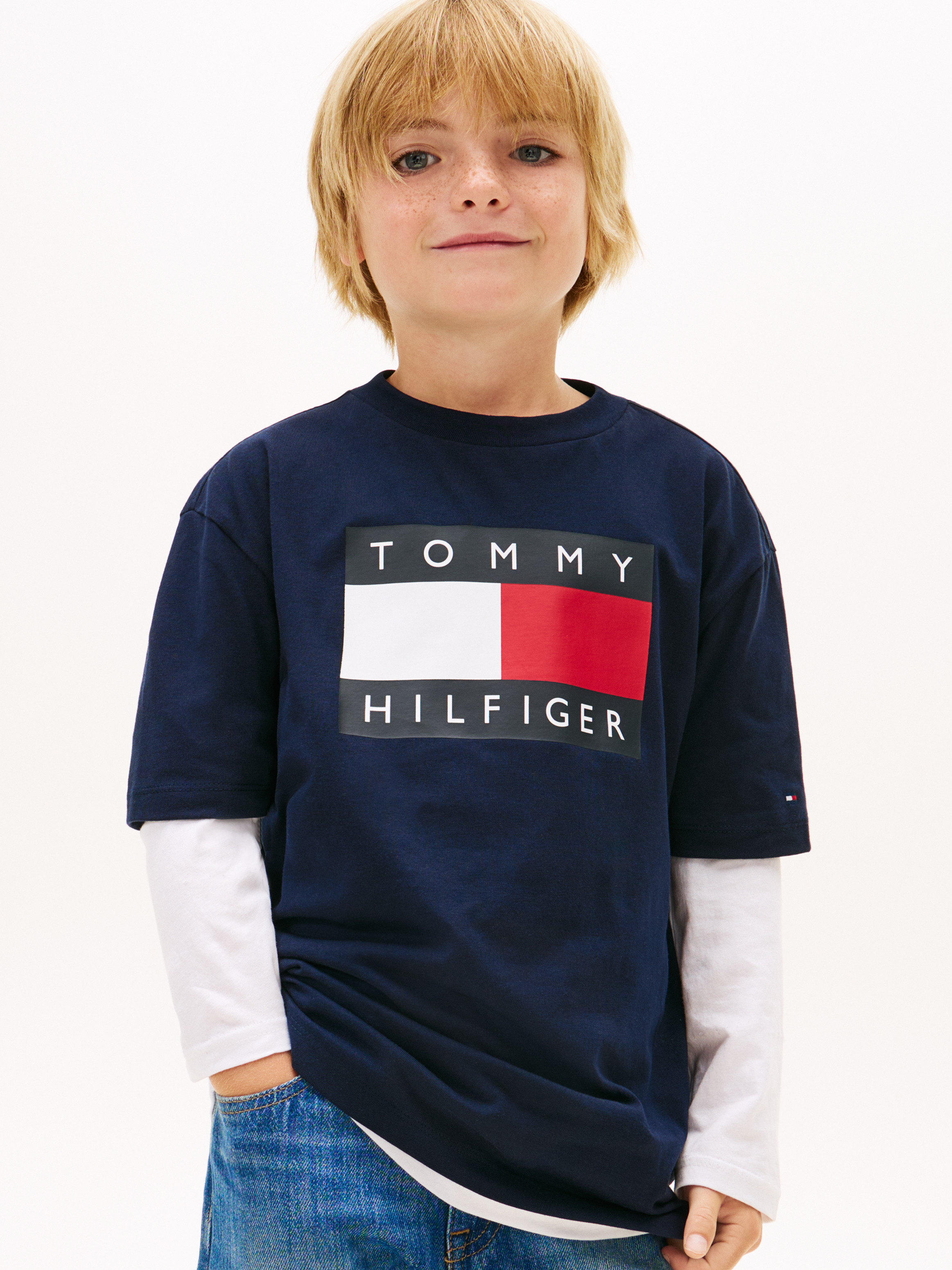 Flag Logo Jersey Crew Neck T-Shirt — Navy