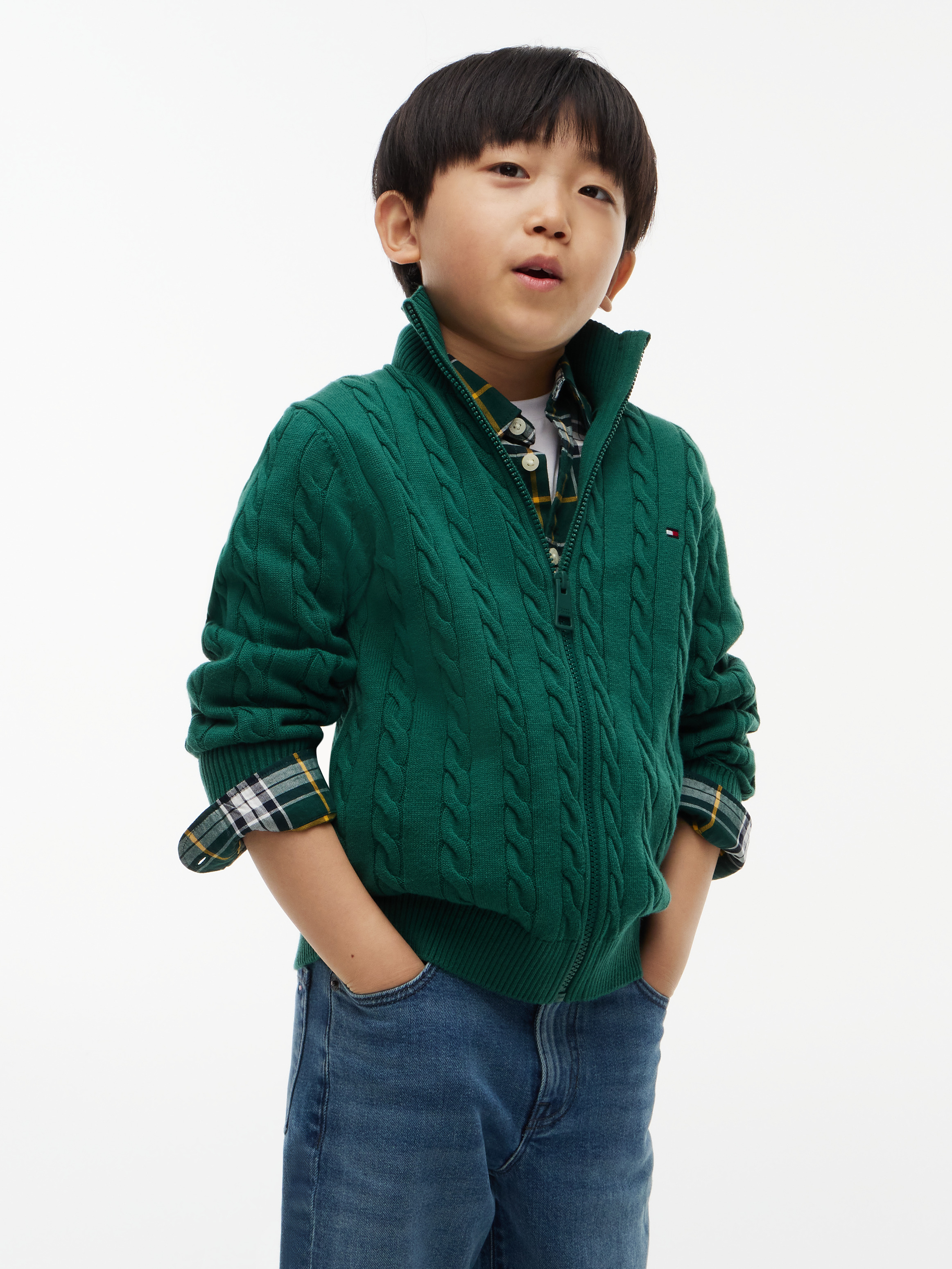 Cable Knit Zip-Thru Jumper — Green