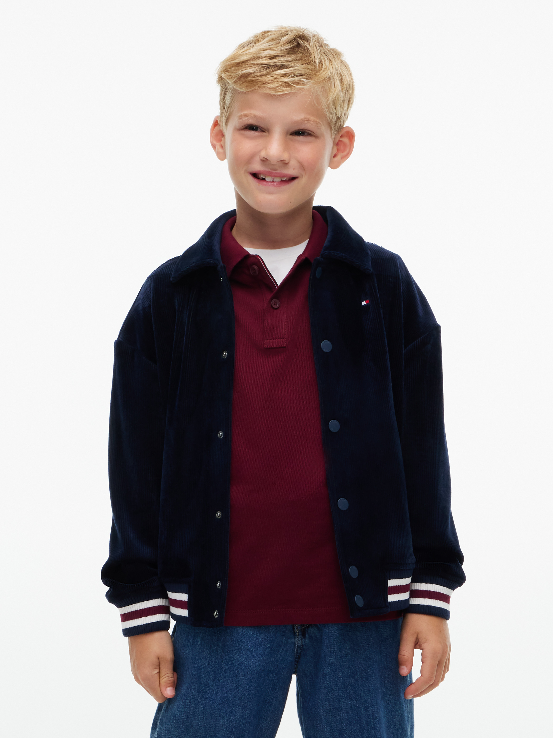 Collared Velour Relaxed Bomber Jacket — Navy