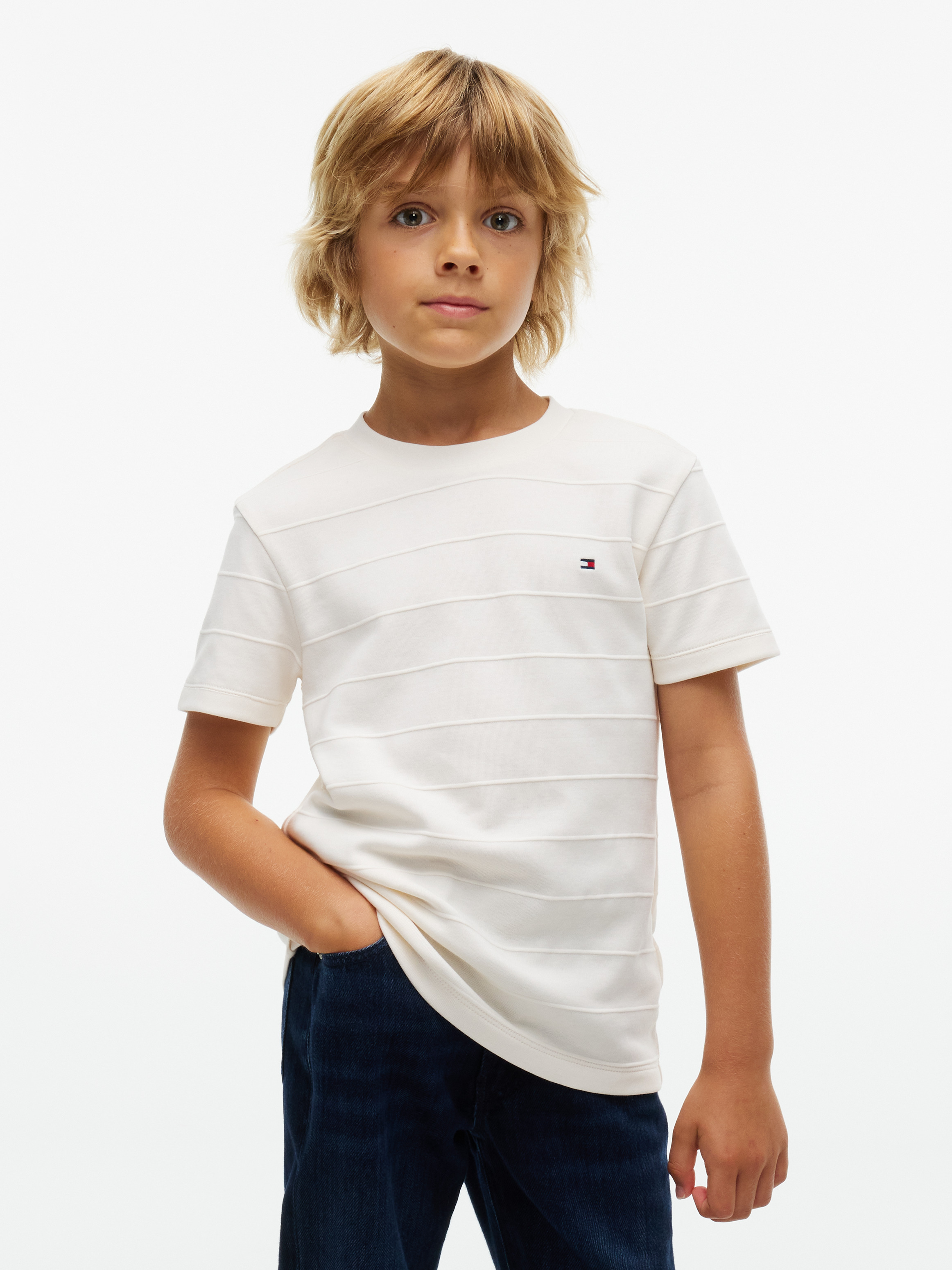 Jacquard Stripe Flag Embroidery T-Shirt — Ivory