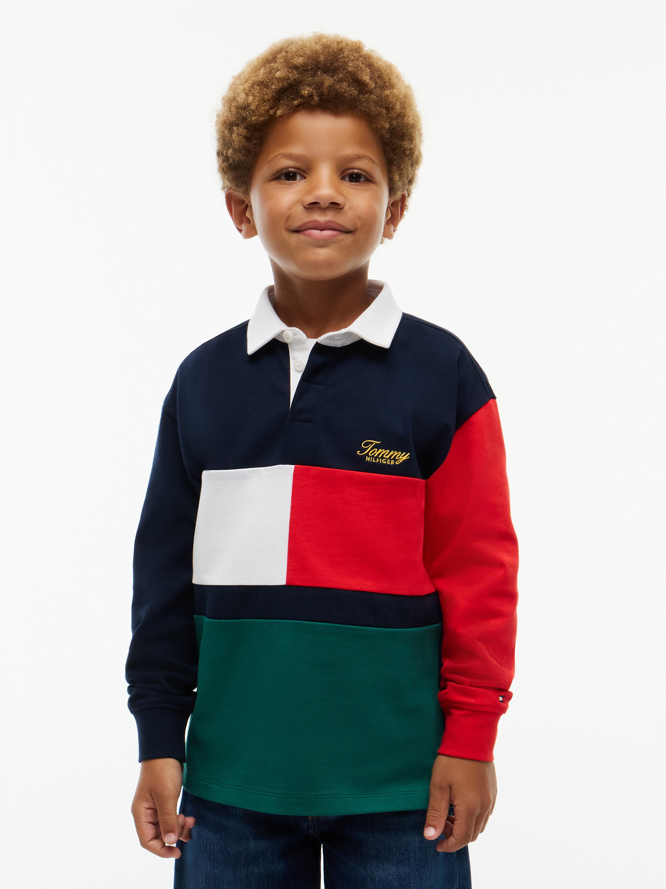 Rugby Stripe Relaxed Long Sleeve Polo Shirt — Dark Blue Blocking