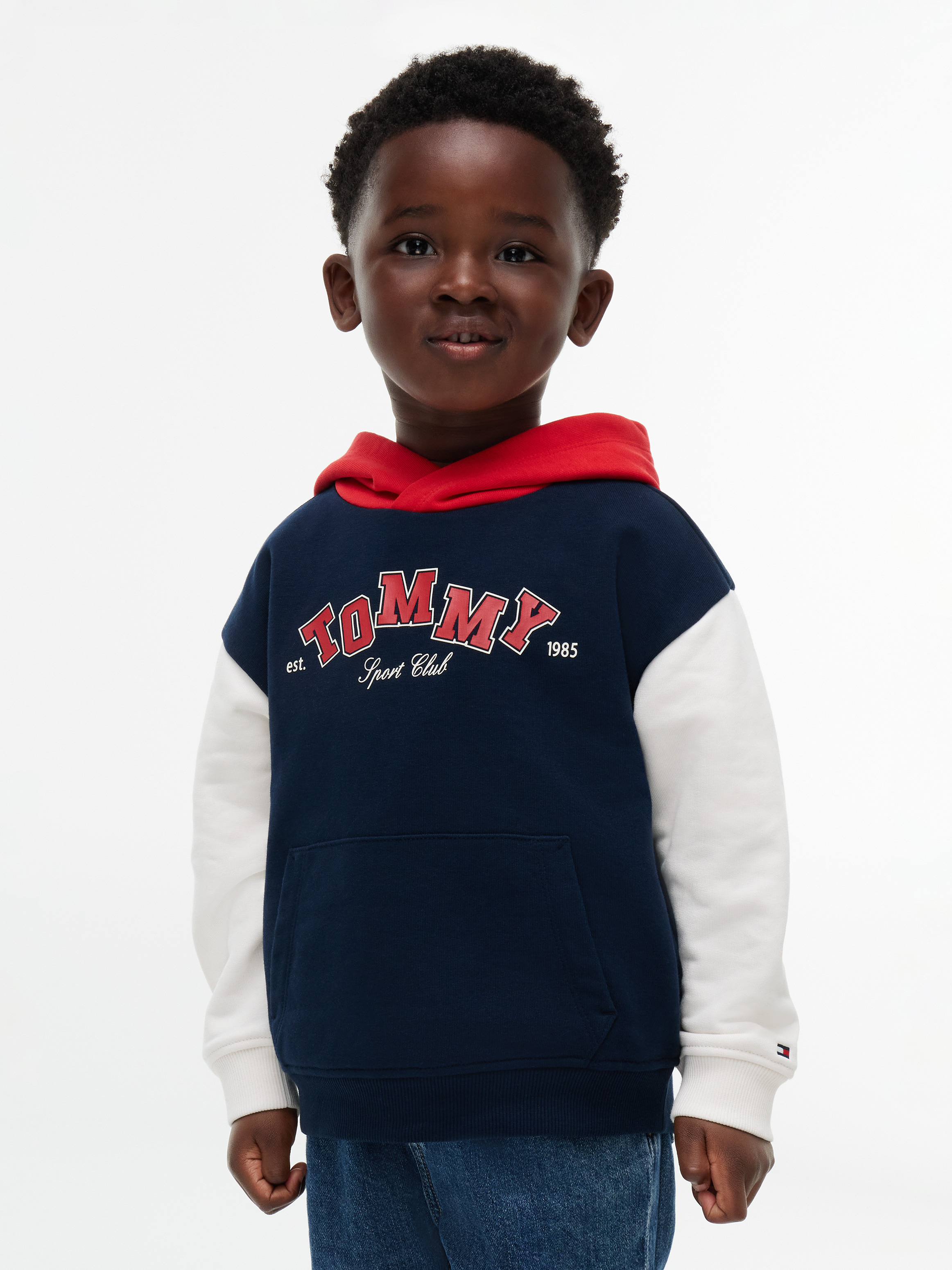 Colour-Blocked Logo Relaxed Terry Hoody — Dark Blue